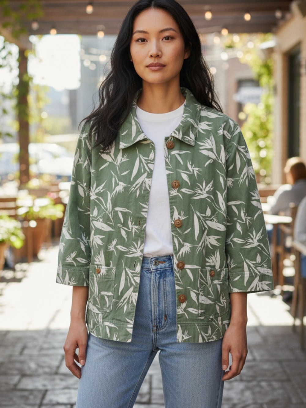 Orvis Women’s Sage Green and White Tropical Print Jean Jacket